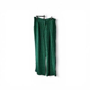 Anthropologie Elevenses 100% Silk Kelly Green & Navy Wide Leg Print Pants Sz 14